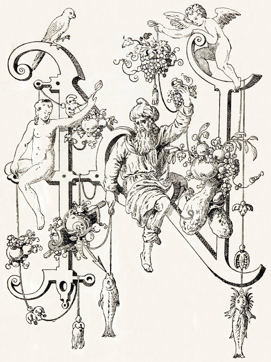N - El sabio Natham - Alphabet od T. de Bry (nová umělecká abeceda) od Theodor de Bry