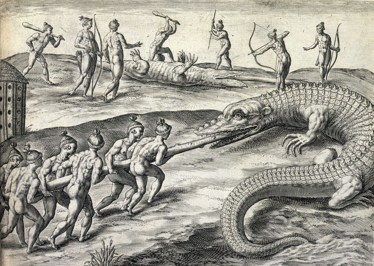 Nazí domorodí Američané loví aligátory na Floridě v USA od Theodor de Bry