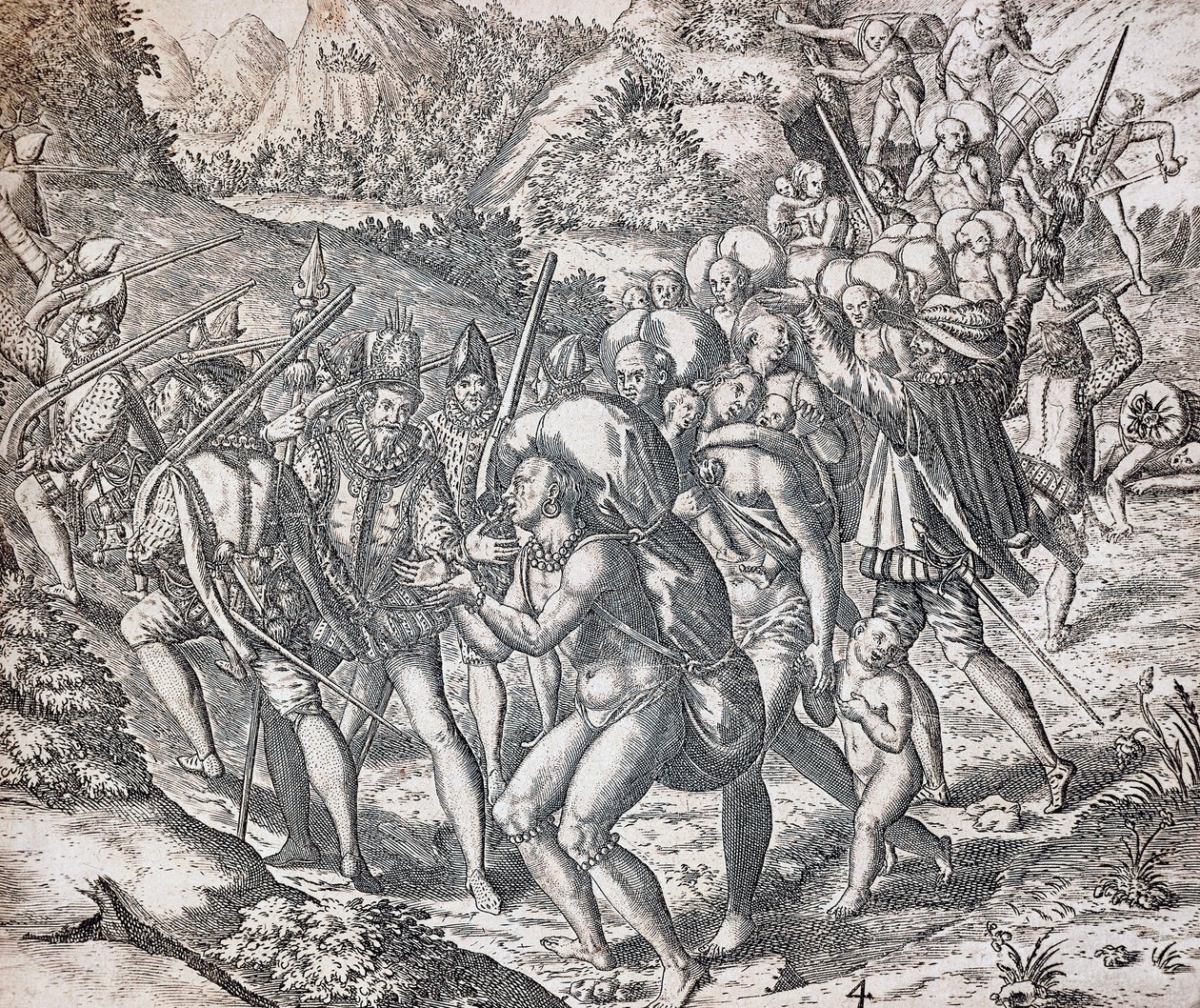 Domorodci nalodění na lodě, aby byli odvezeni do otroctví v Seville, rytina Theodora de Bry (1528-1598), Antily od Theodor de Bry