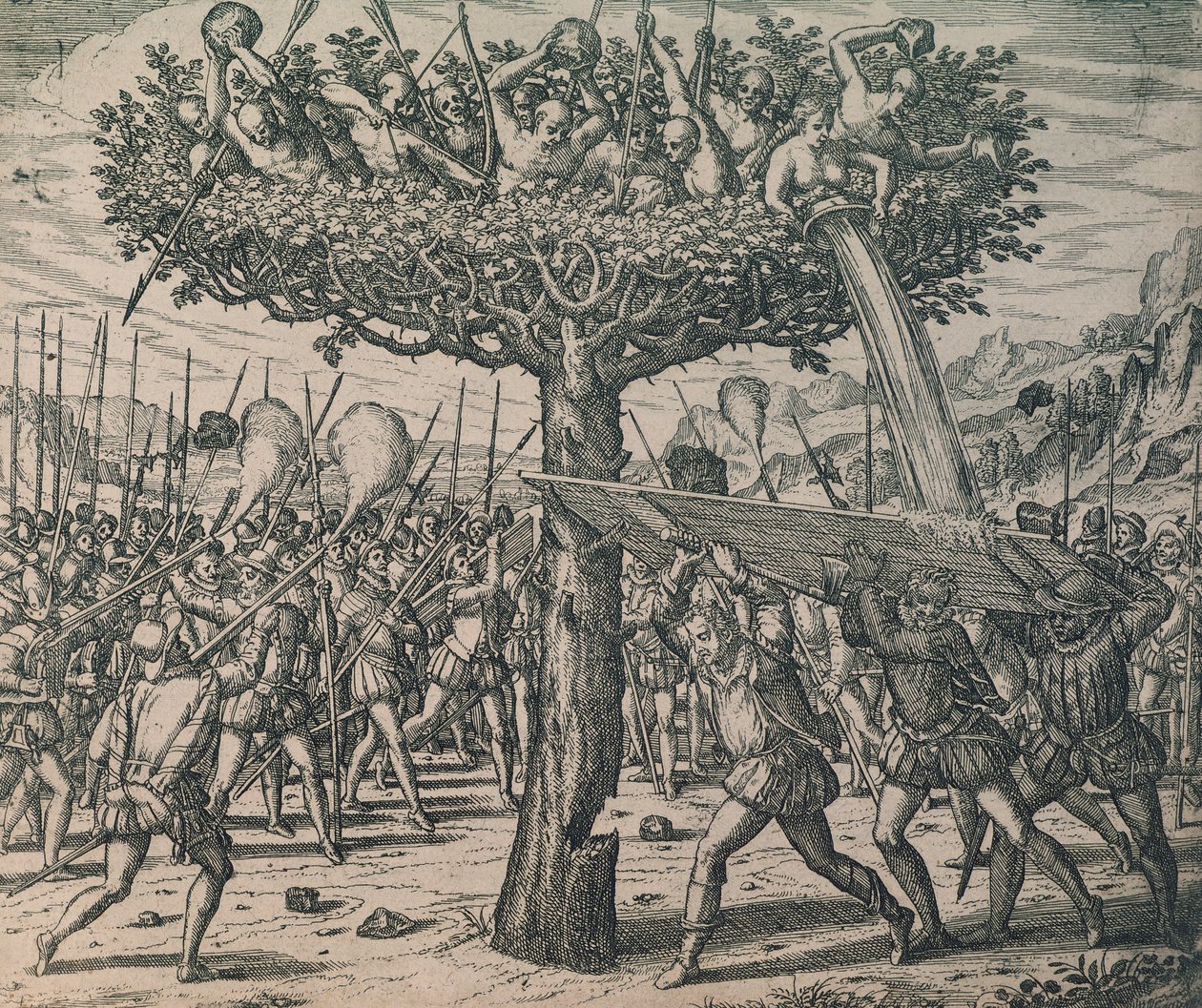 Domorodci schovávající se na stromech bojující proti dobyvatelům od Theodor de Bry