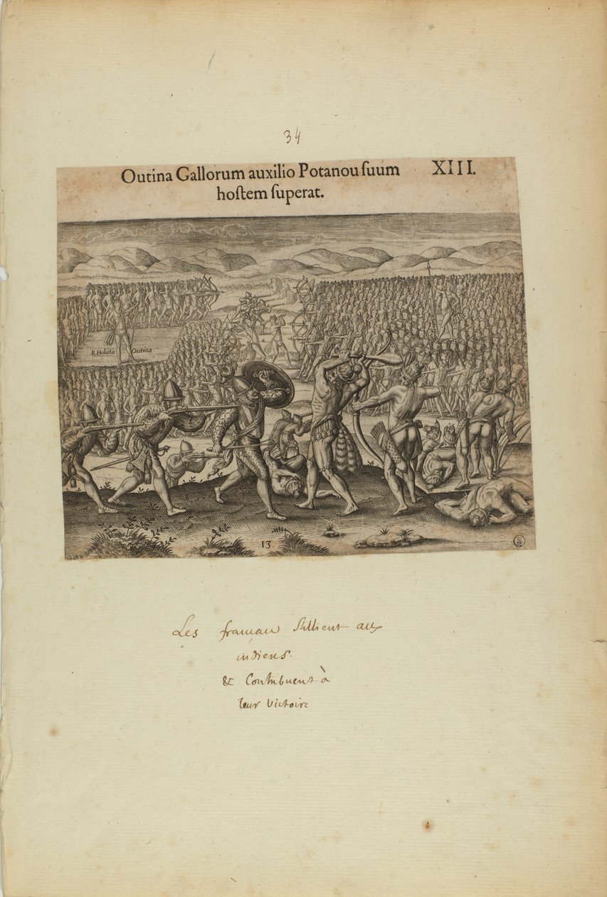 Outina Gallorum Auxilio Potanou Suum Hostem Superat. XIII. (z knihy Americae, část druhá) od Theodor de Bry