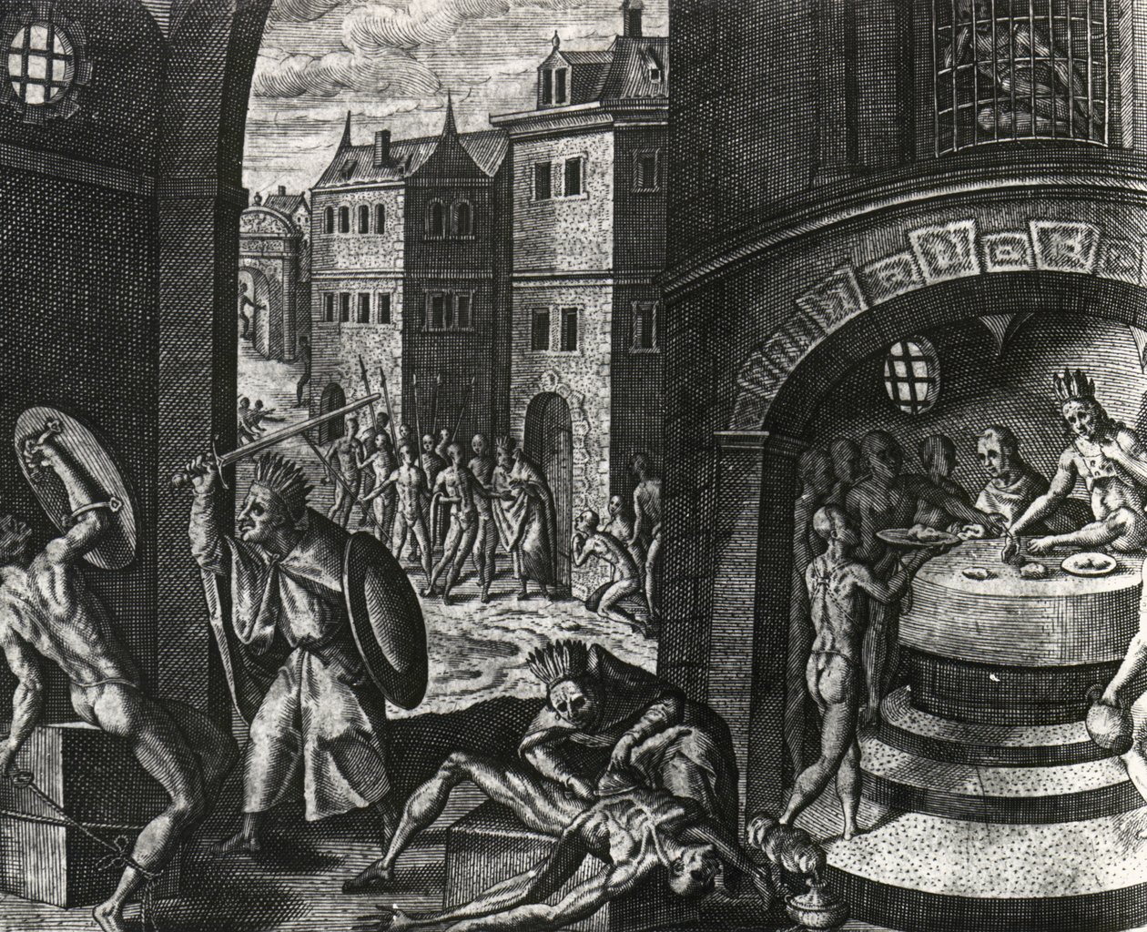 Kněz zabije oběť falešného boje a poté stáhne tělo z kůže, Mexiko, rytina z Peregrinationes, Theodor de Bry (1528-1598), Střední Amerika od Theodor de Bry