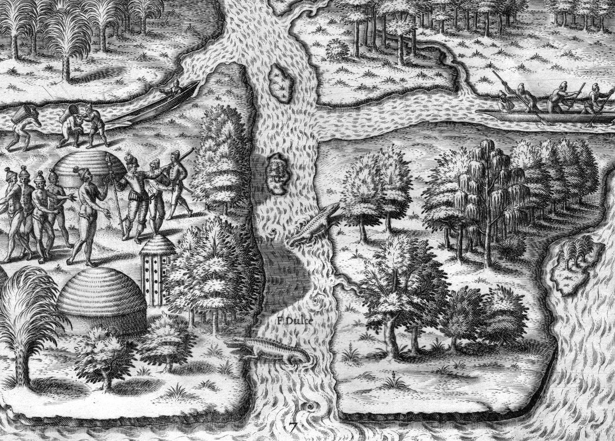 Francouzská expedice se sídlem v Charlesfortu na ostrově Parris Island od Theodor de Bry