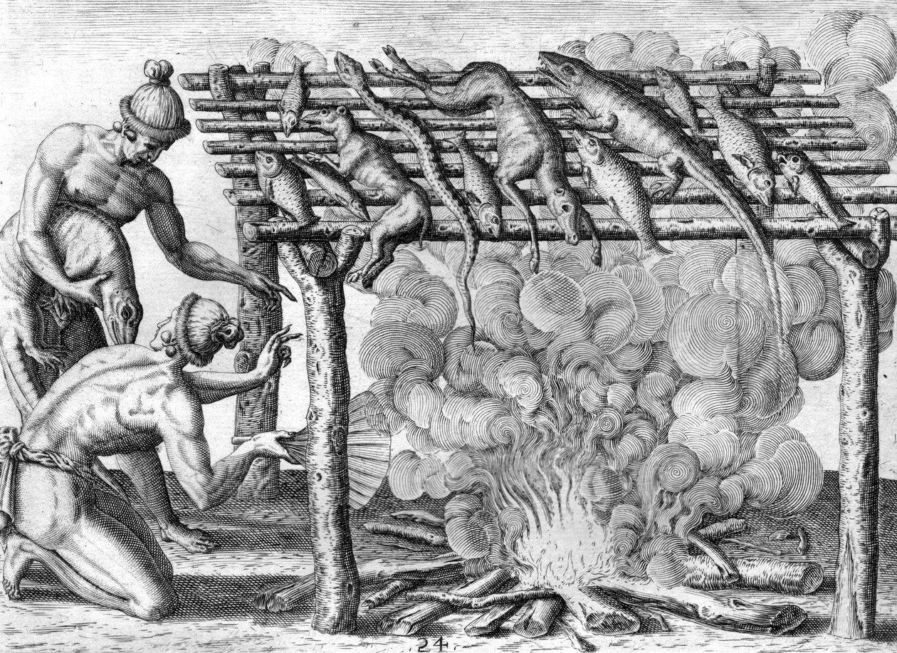 Timucuanští indiáni sušící potraviny od Theodor de Bry
