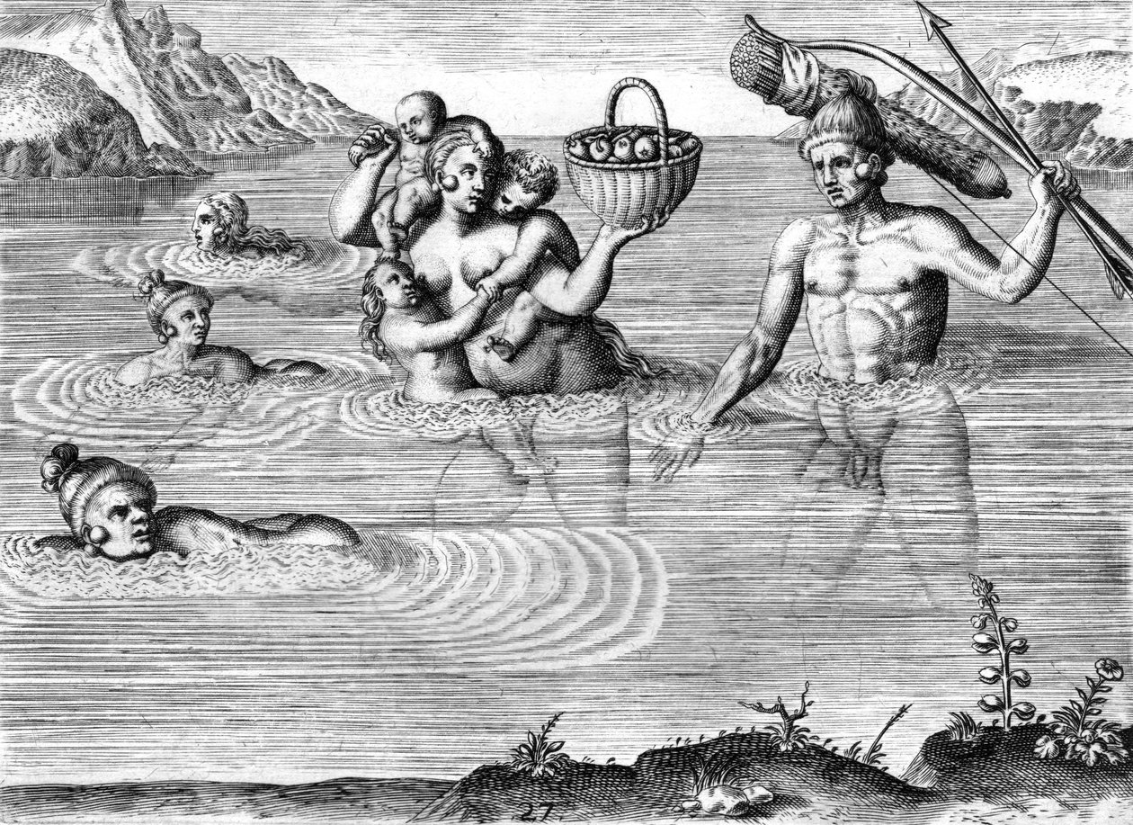 Rodina indiánů Timucuan překračující řeku od Theodor de Bry