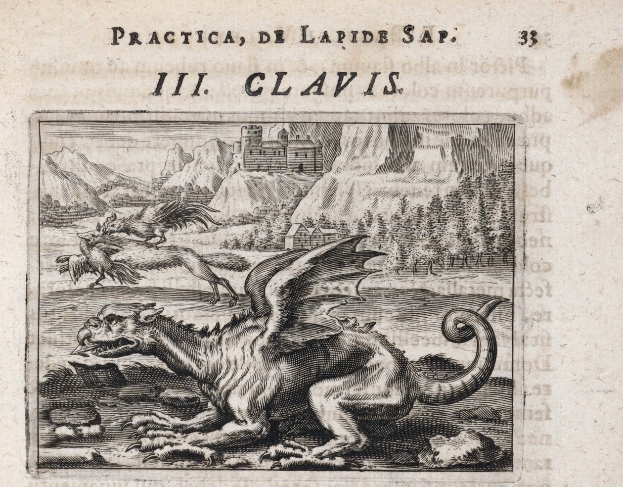Drak, v pozadí, vlk kradoucí slepice, napadený kohoutem - Rytina Theodora de Bry (1528-1598), pro alchymistické pojednání ""Tripus avreus, hoc est, Tres tractatus chymici selectissimi" "" od Michaela Maiera (1569-1622) od Theodor de Bry