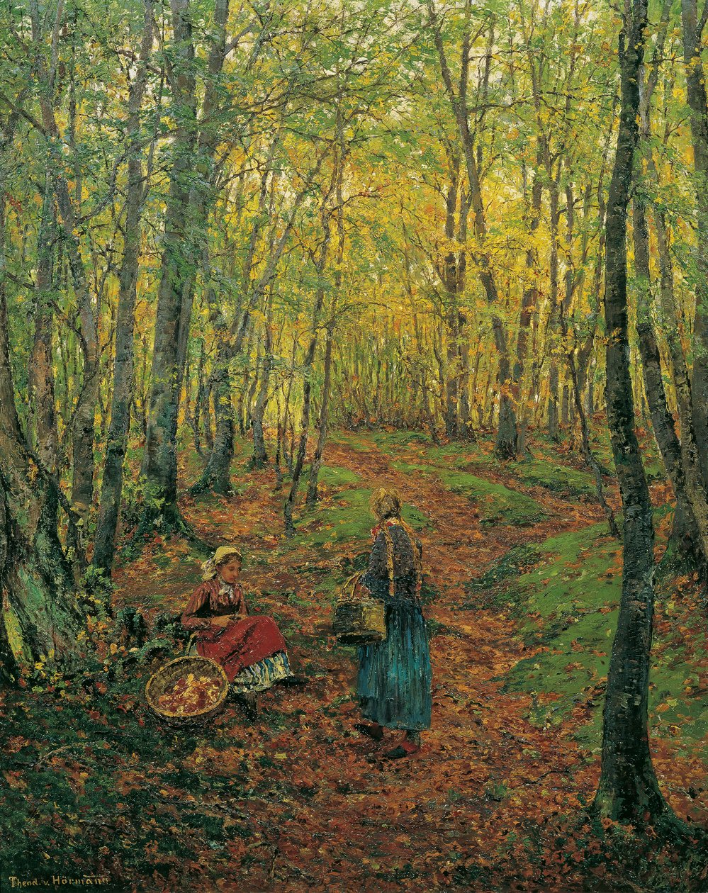 Interiér lesa s dívkou hledající houby od Theodor von Hormann