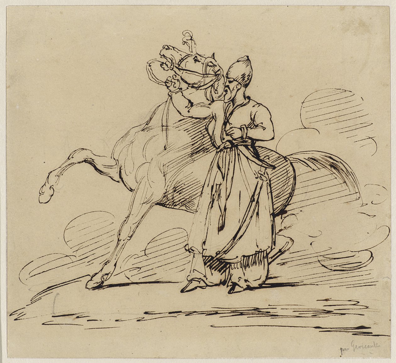 Persan tenant un cheval (Persan Holding a Horse), kolem 1817-22 (pero a hnědý inkoust se stopami grafitu na tkaném papíře) od Theodore Gericault