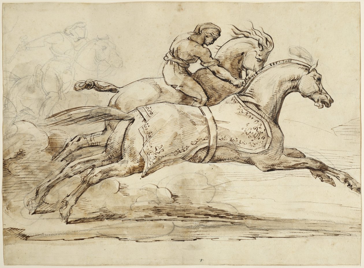 Scéna ze závodu koní Barberi (hnědý inkoust a grafit na položeném papíře vyloženém papírovým kapesníčkem) od Theodore Gericault