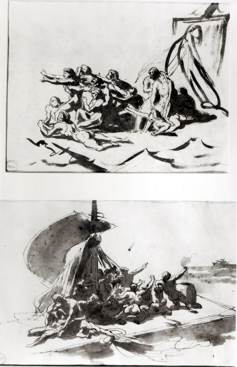 Dva náčrty pro Vor Medúzy, kolem roku 1819 (pero, inkoust a mytí) od Theodore Gericault