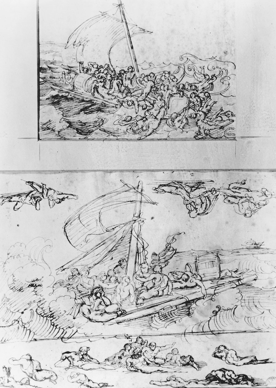 Dvě skici pro Vor Medúzy, kolem roku 1819 (pero a inkoust) od Theodore Gericault