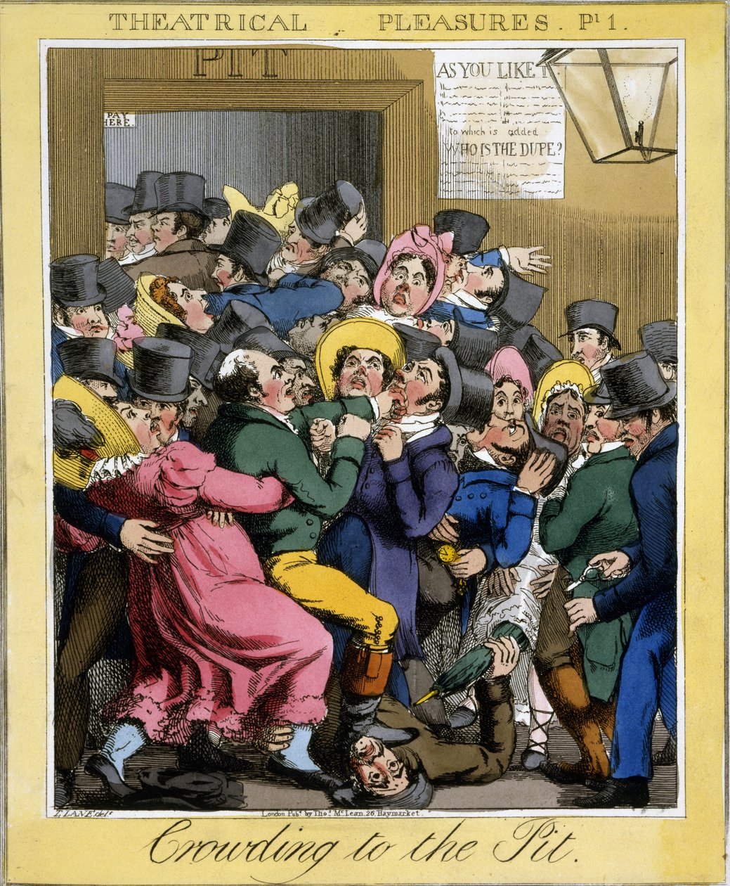 Crowding to the Pit, Talíř 1 z Divadelních radovánek, hospoda. Thos. McLean, Londýn, 1821 (ručně kolorovaná rytina) od Theodore Lane