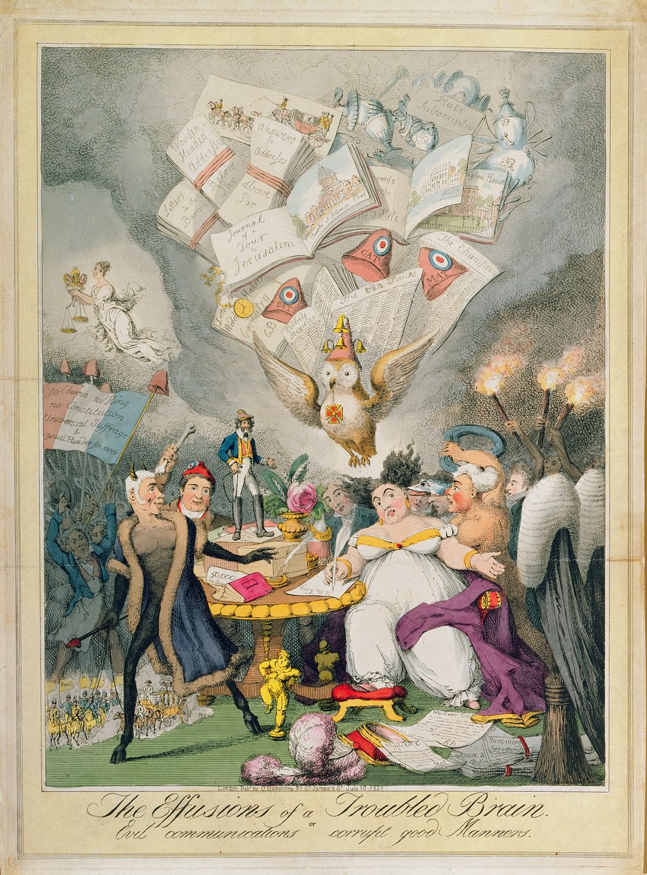 The Effusions of a Troubled Brain, or Evil Communications Corrupt Good Manners, vydáno G. Humphrey, 1821 (kolorovaný lept) od Theodore Lane