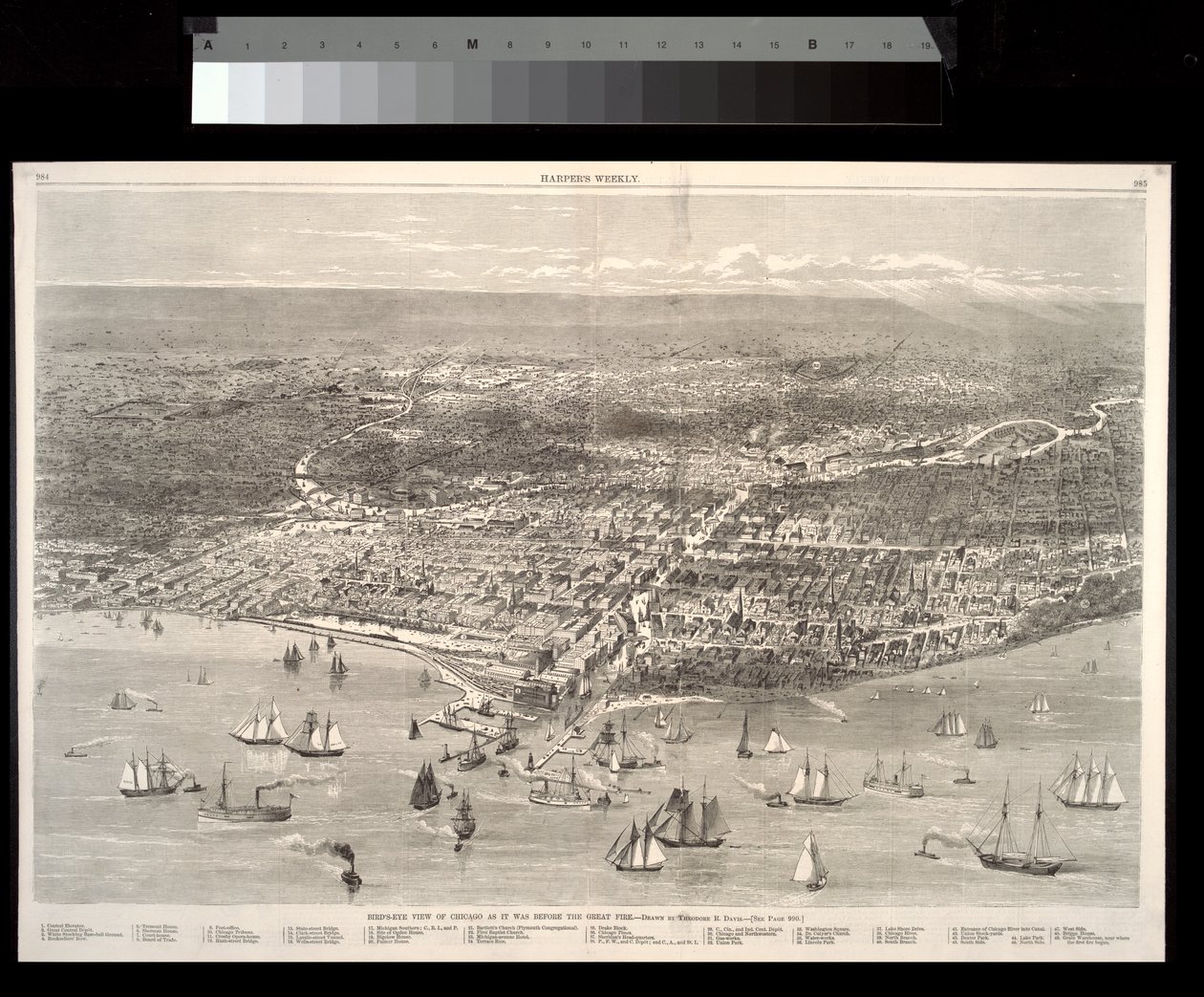 Pohled z ptačí perspektivy na Chicago, jaké bylo před velkým požárem v roce 1871 od Theodore Russell Davis