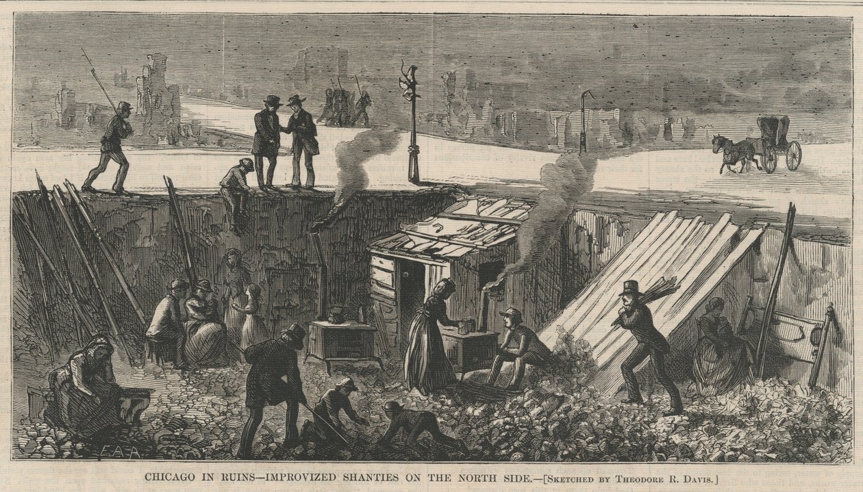 Chicago in Ruins - Improvizované chatrče na severní straně, ilustrace z Harpers Weekly, 1871 od Theodore Russell Davis