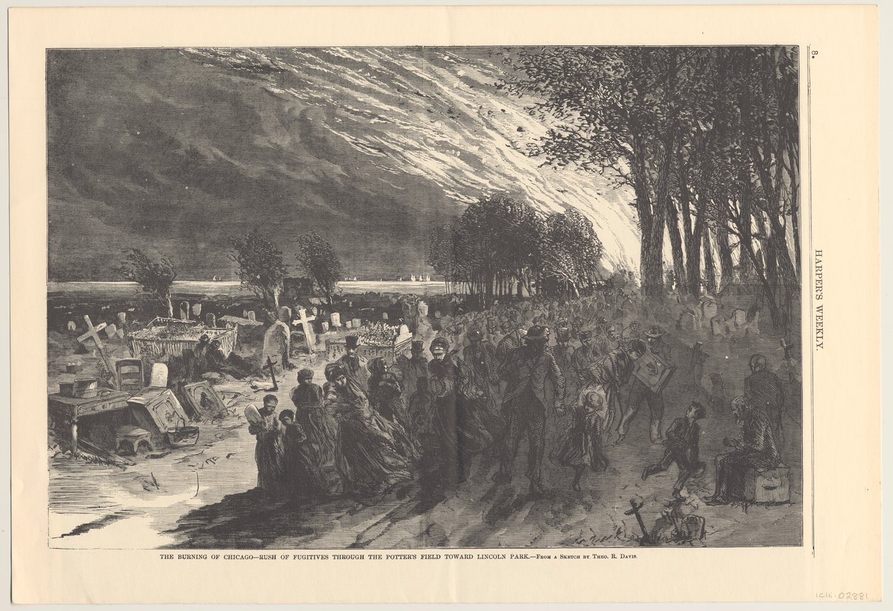 The Burning of Chicago - nápor uprchlíků přes pole hrnčířů směrem k Lincoln Parku, ilustrace z Harpers Weekly, 1871 od Theodore Russell Davis