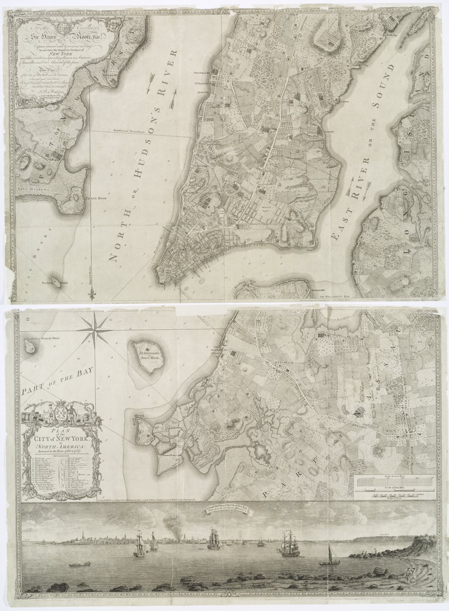Plán města New York v Severní Americe, který byl zaměřen v letech 1766 a 1767 a publikován ve Fadenově atlase z roku 1776. od Theodore de Bry