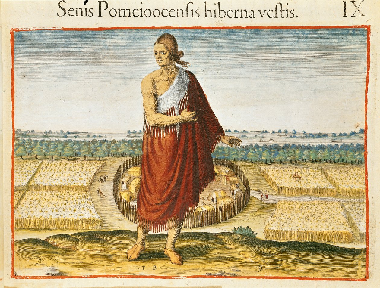 Pomeiooc starší v zimním oděvu, z „Admiranda Narratio“, vydal Theodore de Bry od Theodore de Bry