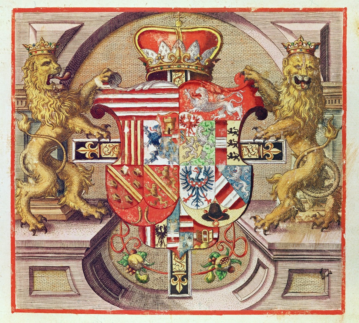 Admiranta Narratio..., Armorial Engraving (strana 3), 1585-1588 (barevná rytina) od Theodore de Bry