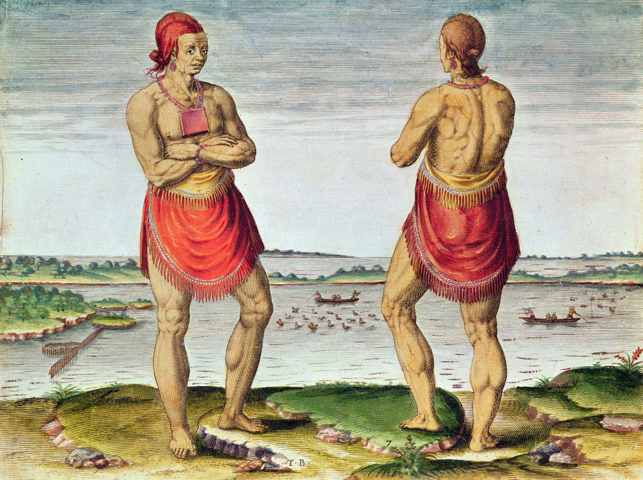 Admiranta Narratio..., Chief Roanoack (str. 57, deska 7), 1585-1588 (barevná rytina) od Theodore de Bry