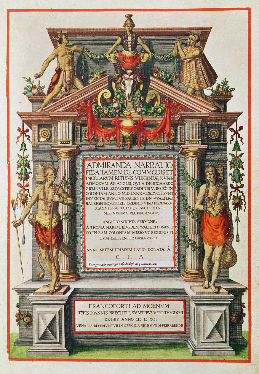 Admiranta Narratio.... Frontispis (strana 1), 1585-1588 (barevná rytina) od Theodore de Bry