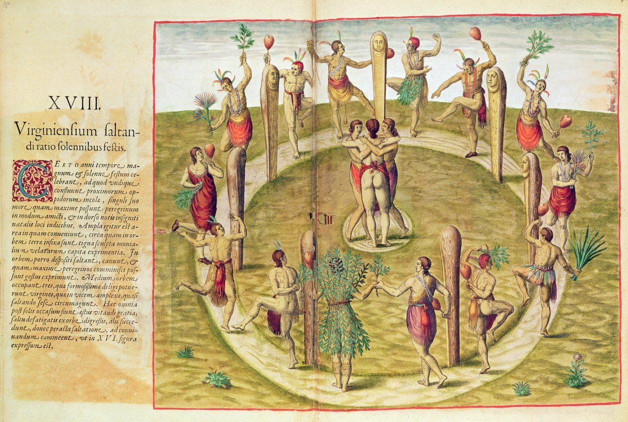 Admiranta Narratio, The Virginian Ritual Dance of Friendship (strana 85), 1585-88 (barevná rytina) od Theodore de Bry