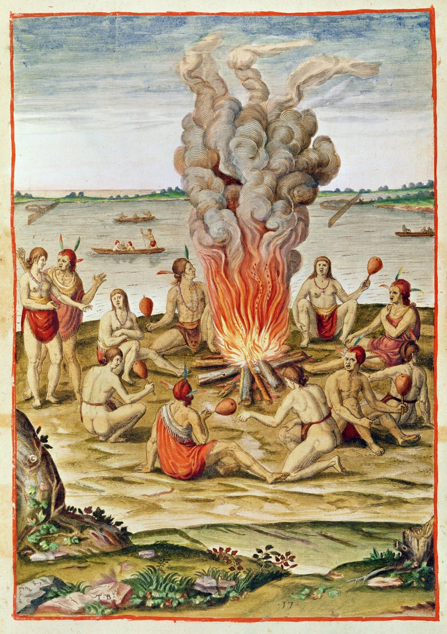 Admiranta Narratio, Oslava vítězství kolem ohně (strana 79, deska 17), 1585-88 (barevná rytina) od Theodore de Bry