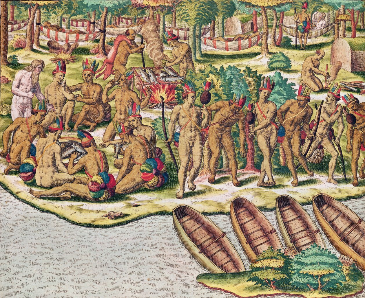 Americae Tertia Pars, Jednání před výpravou proti nepřátelům (strana 432), 1563 (barevná rytina) od Theodore de Bry