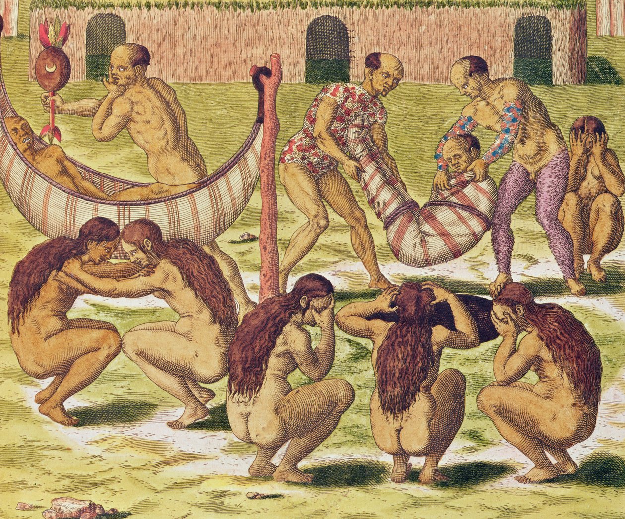 Americae Tertia Pars, Malý král Pipo Jep Wasu se vrací domů nemocný (strana 371), 1562 (barevná rytina) od Theodore de Bry