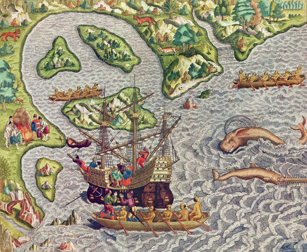 Americae Tertia Pars, nalodění na naši loď pomocí barbarského člunu s pomocí barbarského člunu (str. 333), 1562 (barevná rytina) od Theodore de Bry