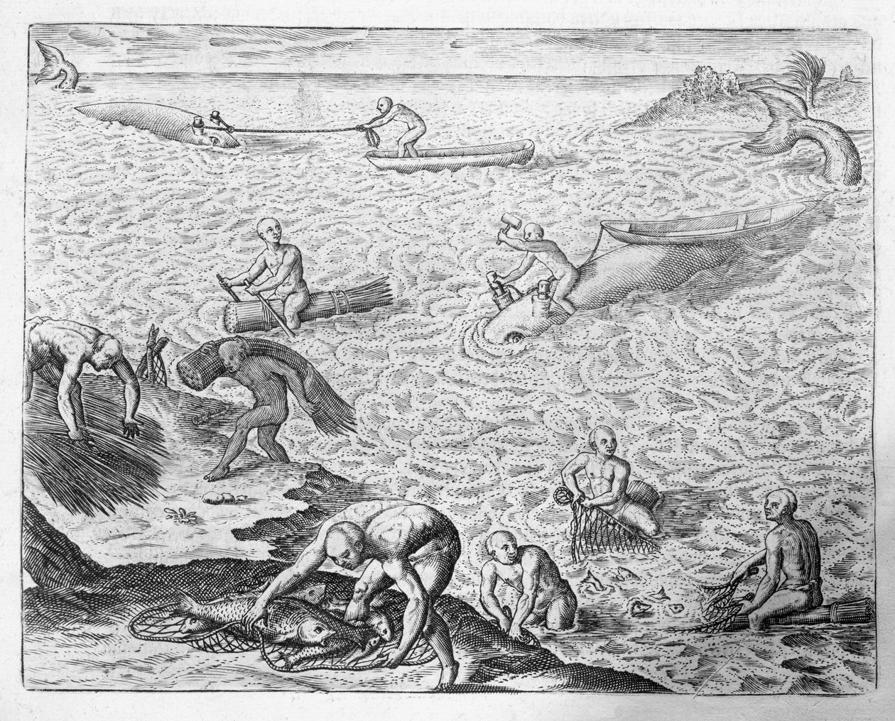 Způsob lovu velryb americkými indiány, z vyprávění Josého de Acosty, z knihy "Newe Welt und Americanische Historien" od Johanna Ludwiga Gottfrieda, vydané Mattaeusem Merianem, Frankfurt, 1631. od Theodore de Bry