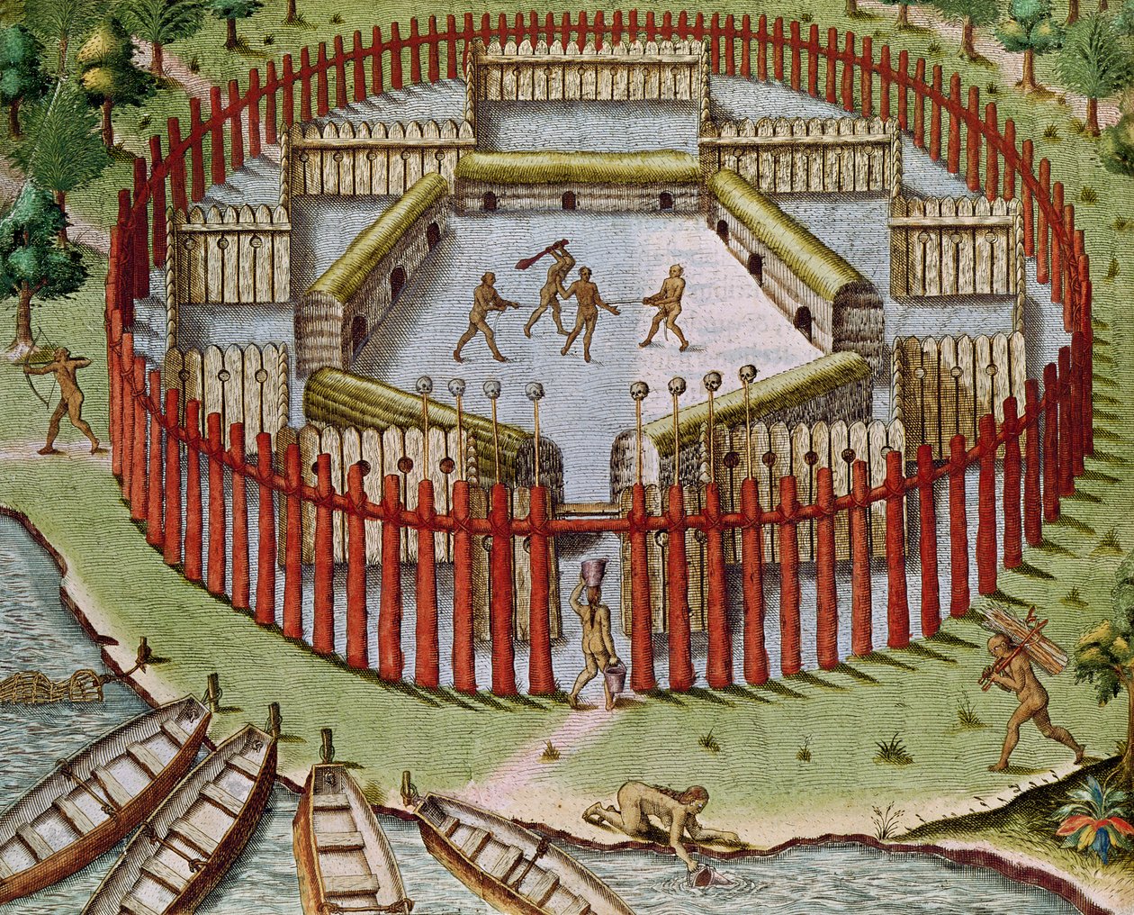 Indiánská vesnice, z knihy "Americae Tertia Pars..", 1562 od Theodore de Bry