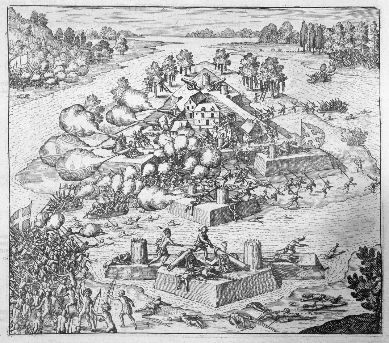 Zničení francouzských protestantských osadníků, Fort Charles, Florida, 1562, z „Newe Welt und Americanische Historien“ od Johanna Ludwiga Gottfrieda, vydal Mattaeus Merian, Frankfurt, 1631 (angl. od Theodore de Bry