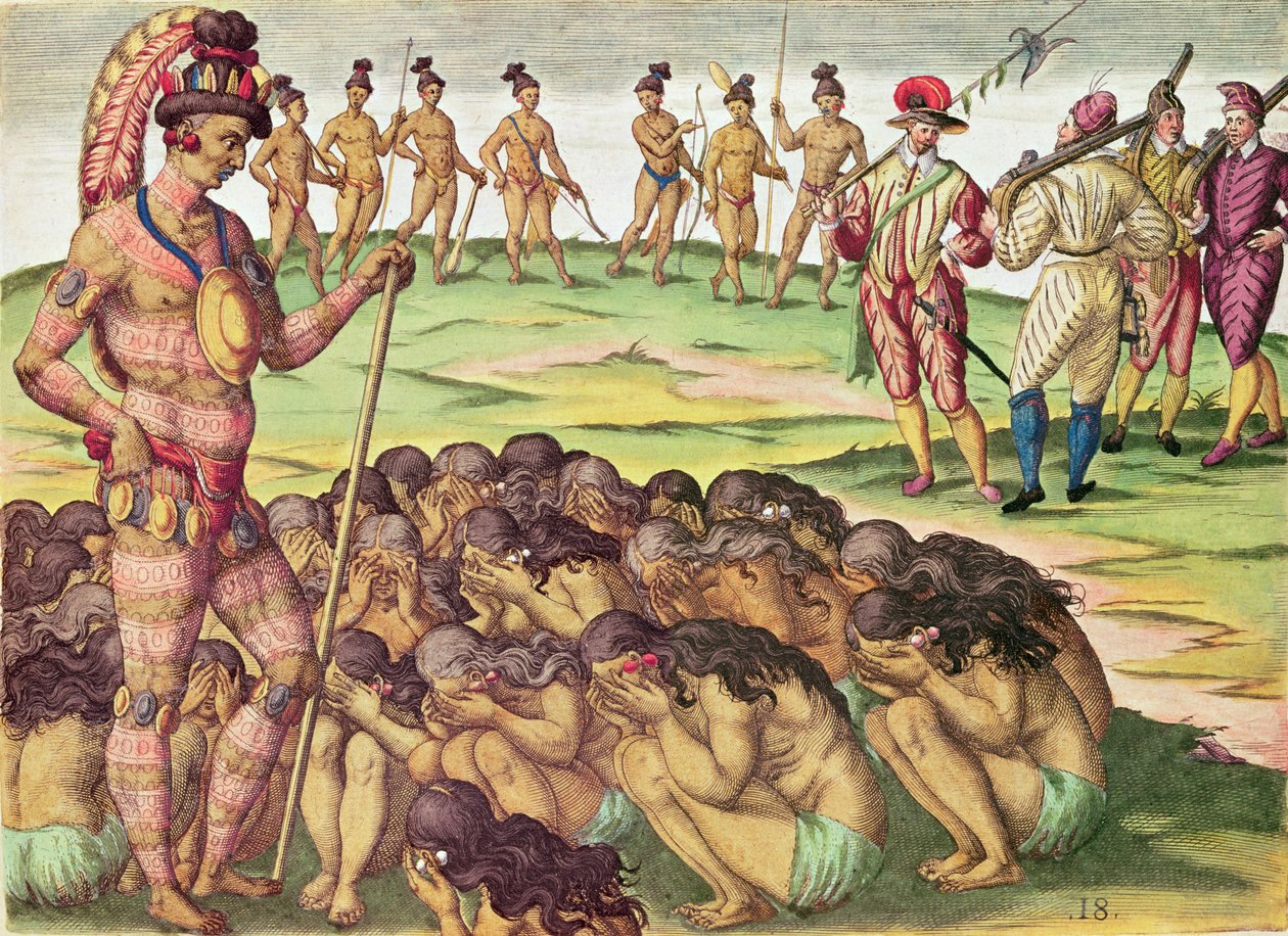 Brevis Narratio, ženy, jejichž manžel je zabit v boji nebo zemřel na nemoc, si nárokuje King (strana 213), 1563 (barevná rytina) od Theodore de Bry