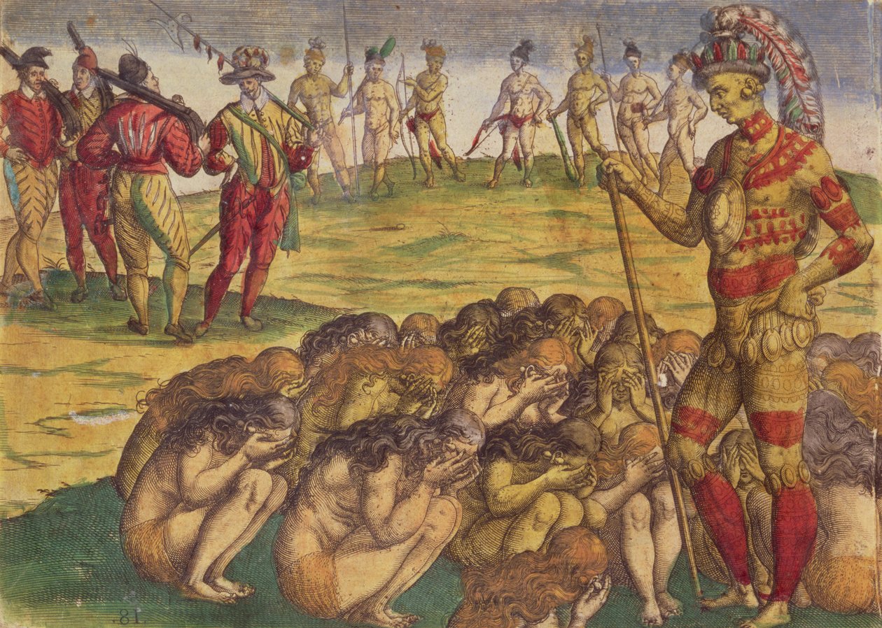 Zajetí Aztéků španělskými kolonisty, knižní ilustrace, cca 1550 od Theodore de Bry