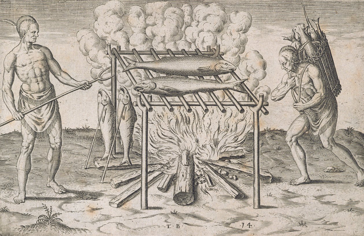 Vaření ryb, deska XIII, z „Stručná a pravdivá zpráva o nově nalezené zemi Virginie, Grand Voyages“, kterou vytiskl Johann Wechel v roce 1600 od Theodore de Bry
