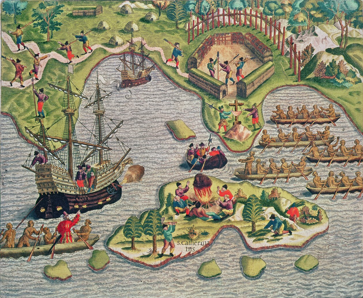 Objev kříže mezi skalami, z „Americae Tertia Pars...“, 1562 od Theodore de Bry