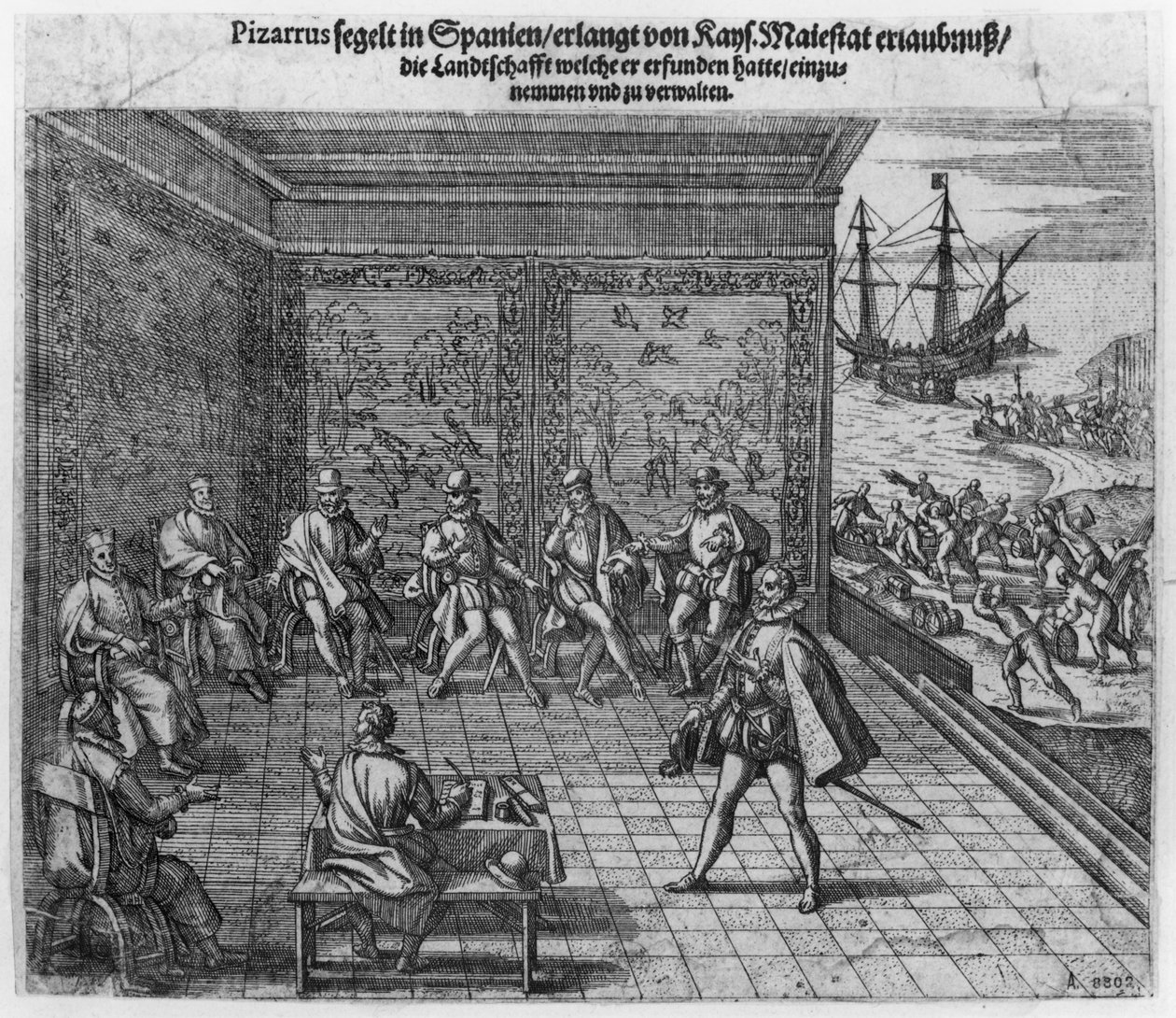 Francisco Pizarro žádá o podporu císařského dvora pro vládu Peru od Theodore de Bry