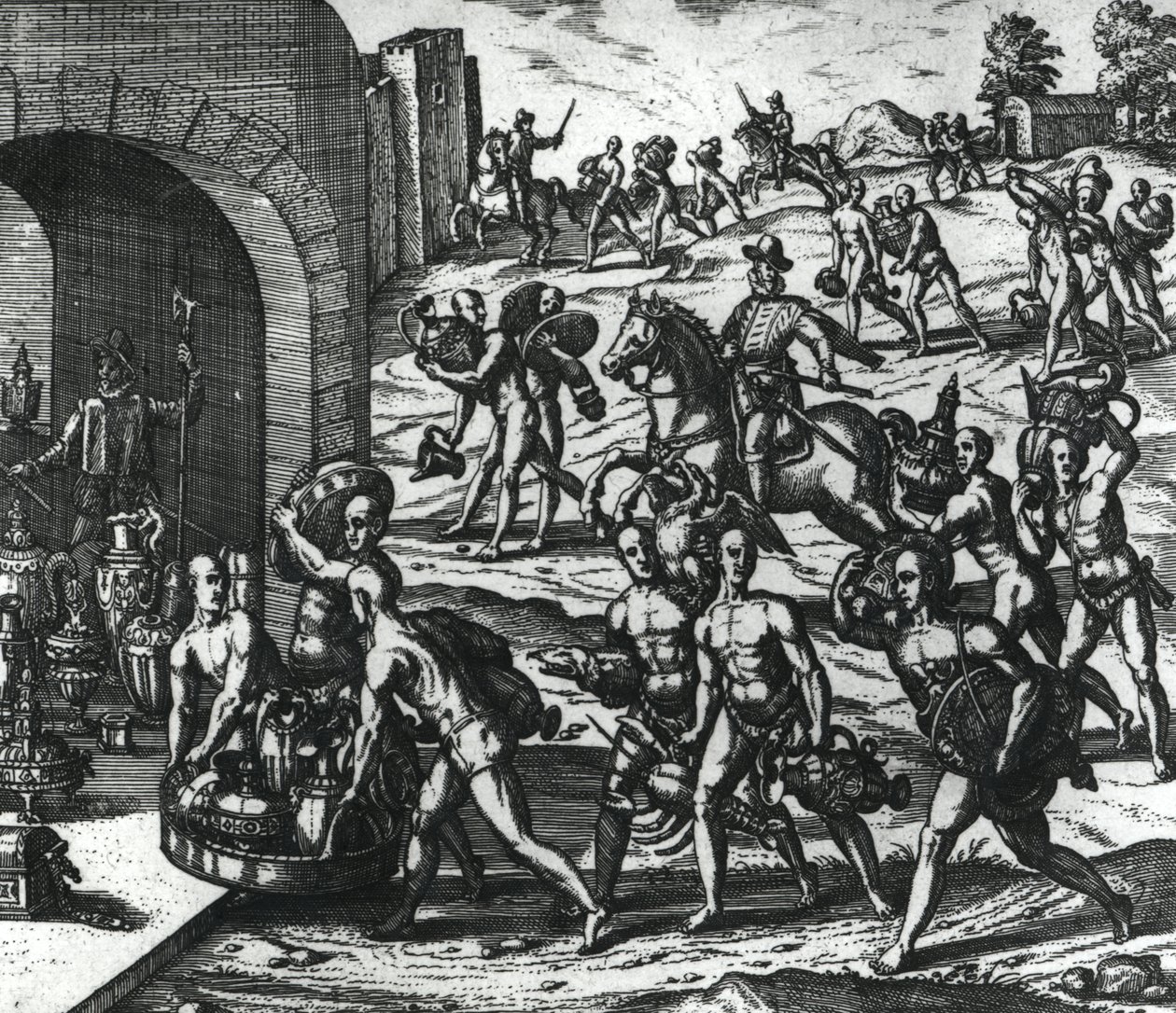 Indiáni přinášející vázy Balboa a zlaté předměty od Theodore de Bry