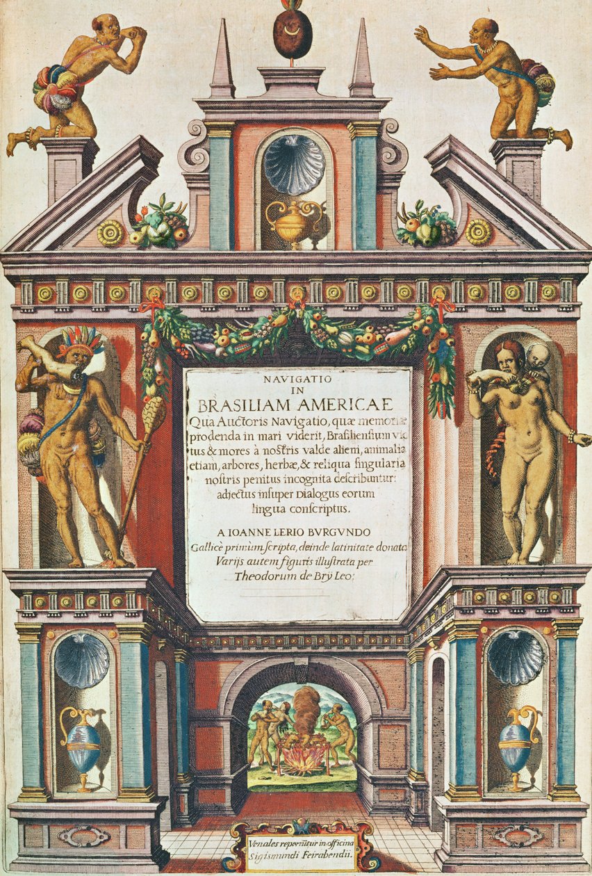 Navigace v brazilské Americe. Frontispis (str. 447), 1563 (barevné rytí) od Theodore de Bry