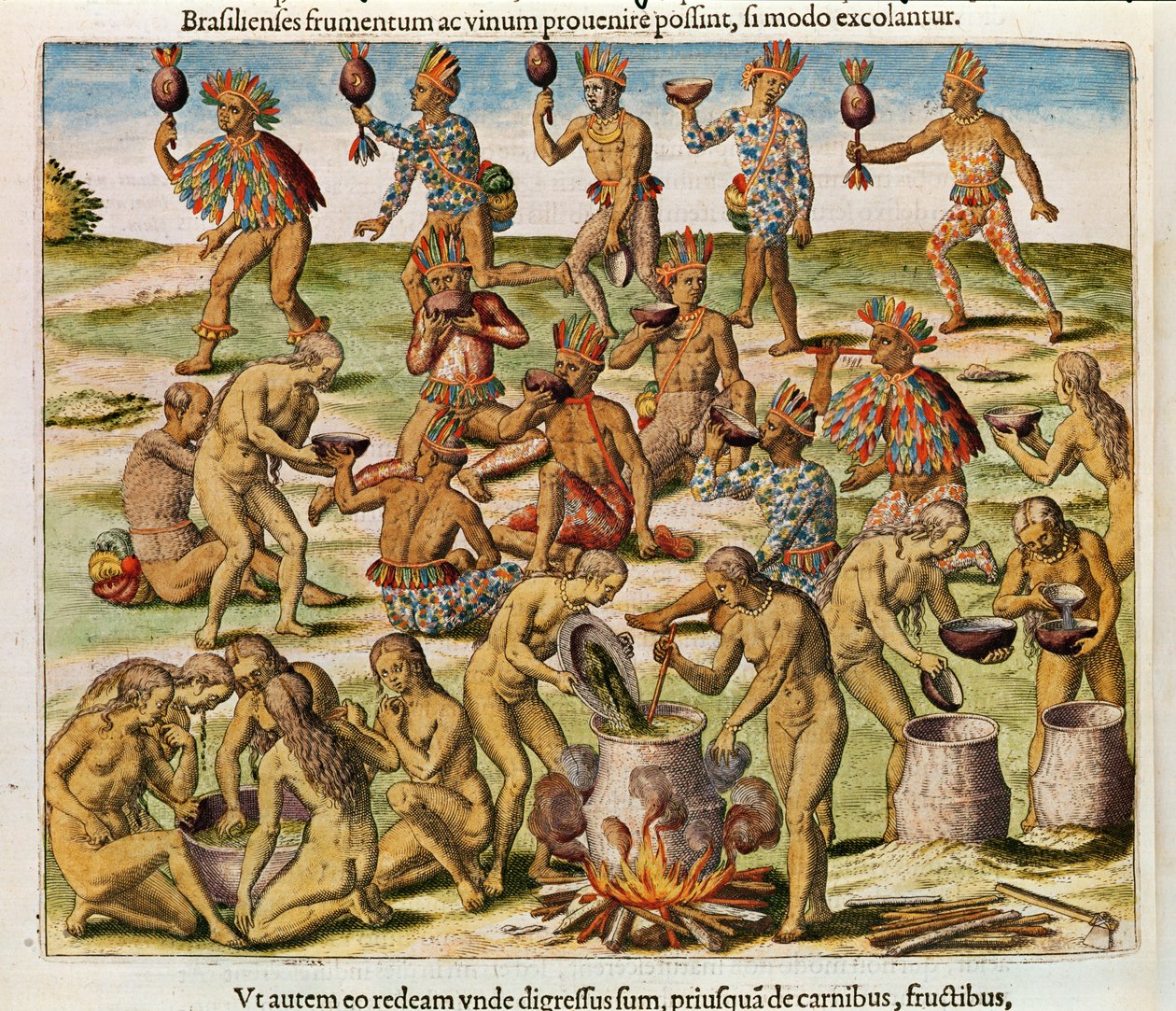 Navigace v Brazilské Americe, Příprava nápoje z kukuřice a pšenice (str. 486), 1563 (barevná rytina) od Theodore de Bry