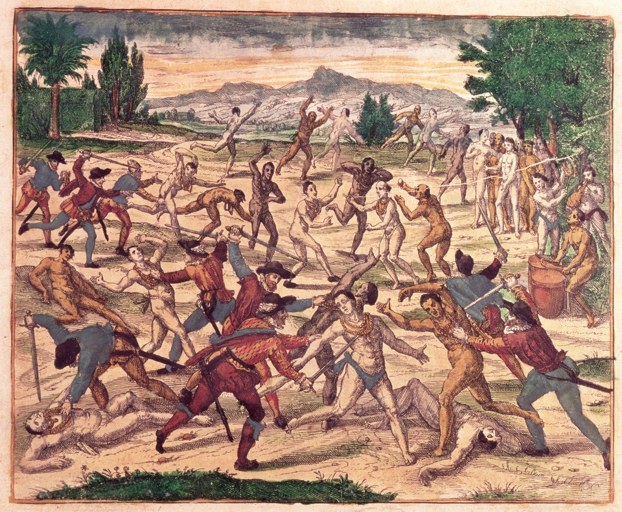 Pedro de Alvarado a jeho vojáci masakrující Aztéky, kolem roku 1520 od Theodore de Bry