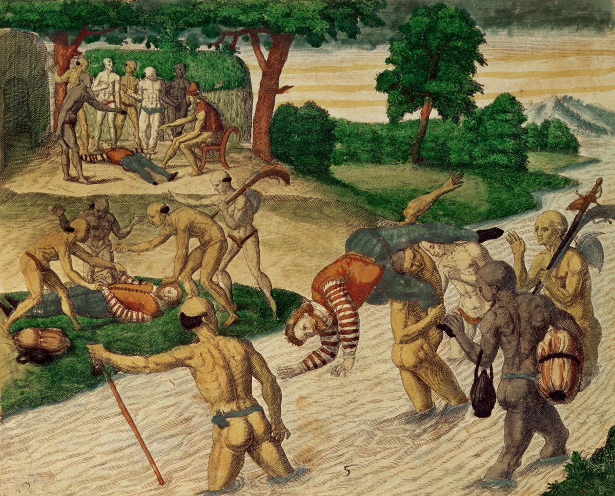 Jihoameričtí indiáni topící Španěly, aby zjistili, zda jsou nesmrtelní od Theodore de Bry