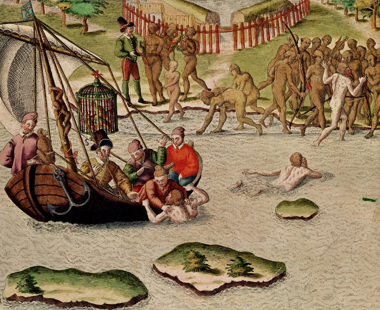 Francouzská loď přistává a neúspěšný pokus o výměnu vězňů z „Americae Tertia Pars...“, 1592 od Theodore de Bry