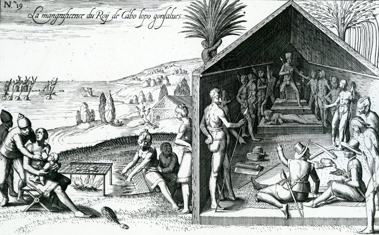 Král přijímá evropské návštěvníky, Cape Lopez, Gabon, Afrika, 16. století od Theodore de Bry