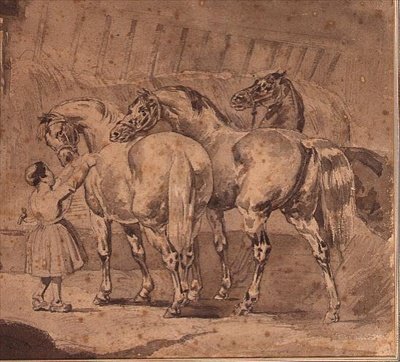 Holčička krmící koně ve stáji (tužka a šedá barva) od Theodore (attr. to) Gericault