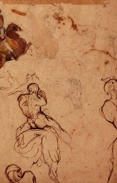 Studium koní a jezdců (tužka, pero a hnědý inkoust a akvarel) od Theodore (attr. to) Gericault