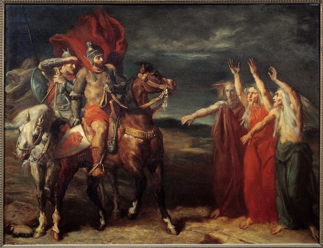 Ilustrace Macbeth a tři čarodějnice ke scéně 3 dějství 1 hry Williama Shakespeara „“ MacBeth“. Obraz Theodore Chasseriau (1819-1856) 1855 Ne. 0,72x0,9 m Paříž, musee d