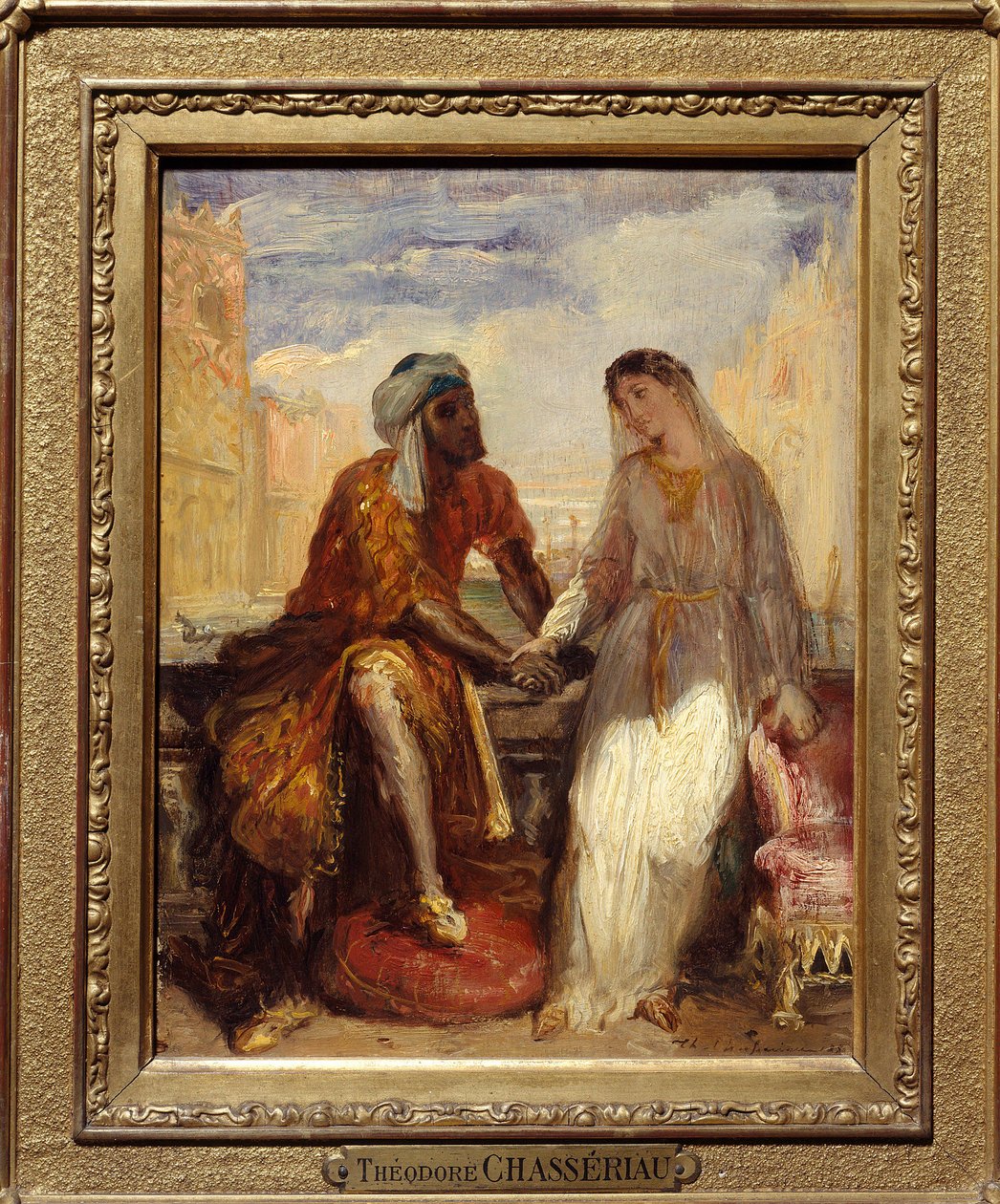 Othello a Desdemone v Benátkách Ilustrace I. dějství tragédie „“ Othello“ od Williama Shakespeara (1564-1616). Obraz Theodore Chasseriau (1819-1856) 1850 Ne. 0,25 x 0,20 Paříž. Musee Du Louvre - Othello a Desdemona v Benátkách, scéna z Otel od Théodore Chassériau