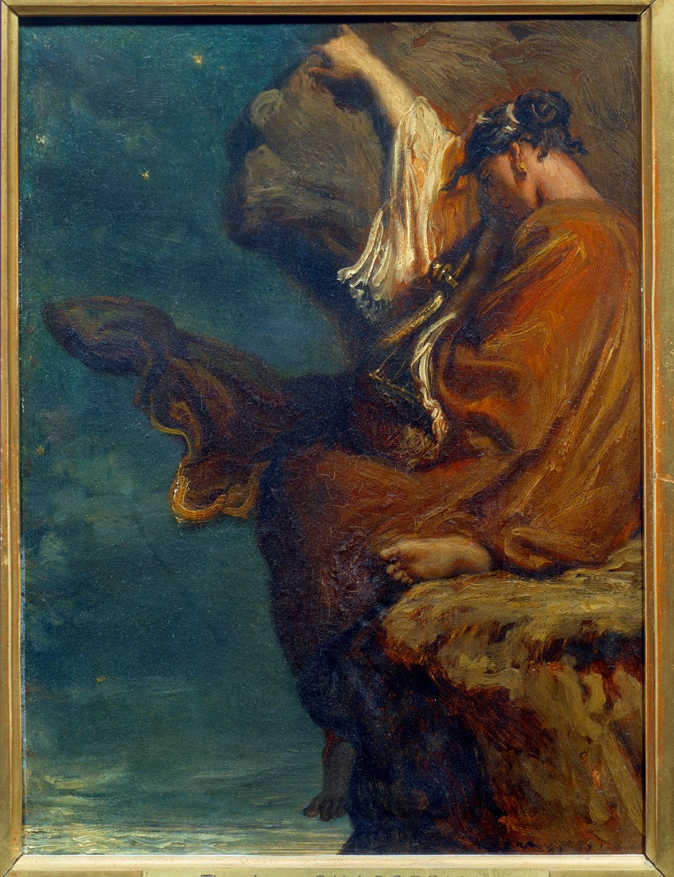 Sapho Řecká básnířka Sapho (Sappho) (kolem 600 př. n. l.) sedí na skále a s melankolií se dívá na moře. Obraz Theodora Chasseriaua (1819-1856) 1849 Ne. 0,27x0,21 m Paříž, musee d